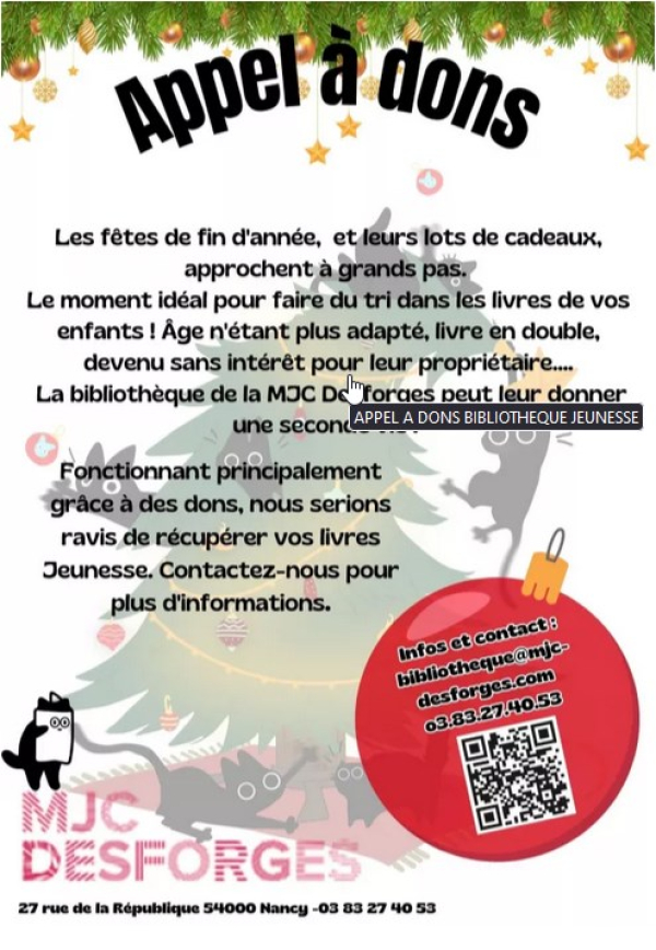 Appel aux dons pour la bibliothèque jeunesse Desforges